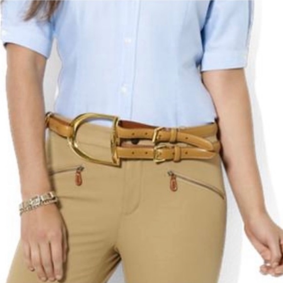 Ralph Lauren Stirrup Belt Equestrian Riding Leather Gold Brown Double Womens - Picture 14 of 14